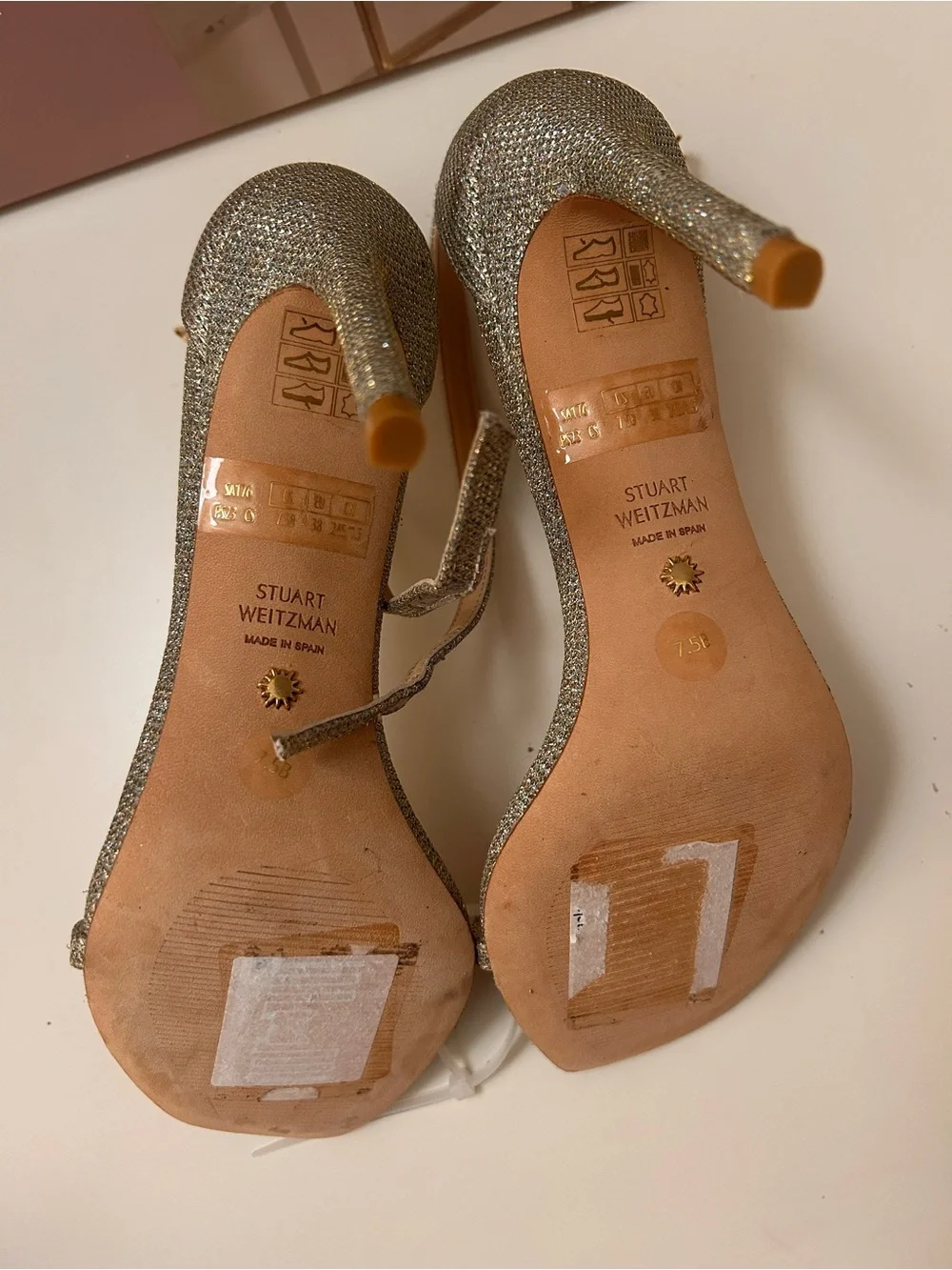 Stuart Weitzman Silver Glitter Ankle-Strap Heels